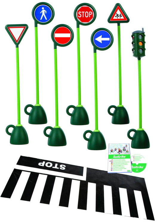 Village 6 street signs H= 128 cm + 1 traffic light+Zebra+DVD bij Fietstotaal