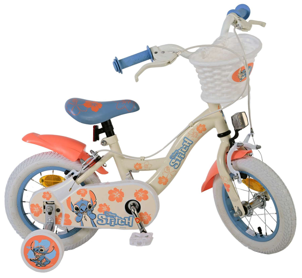 Disney Stitch Kinderfiets - Meisjes - 12 inch - Twee handremmen - Creme Koraal Blauw - Crème, Blauw - 3-5 jaar extra afbeelding 3