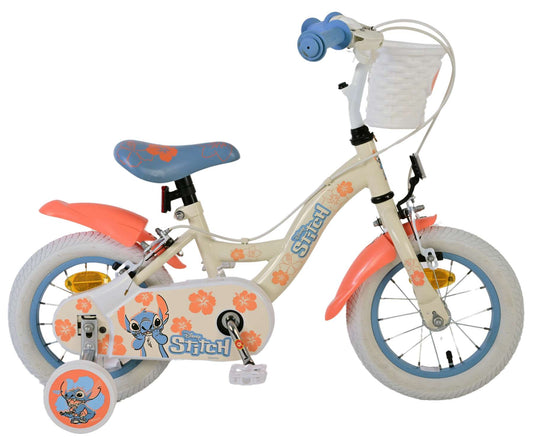 Disney Stitch Kinderfiets - Meisjes - 12 inch - Twee handremmen - Creme Koraal Blauw - Crème, Blauw - 3-5 jaar bij Fietstotaal