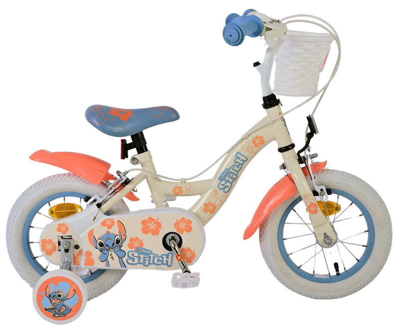 Disney Stitch Kinderfiets - Meisjes - 12 inch - Twee handremmen - Creme Koraal Blauw - Crème, Blauw - 3-5 jaar